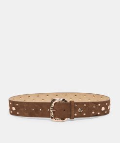 RECTANGLE BUCKLE STUDDED BELT BROWN
