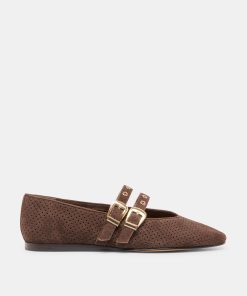 BAYLEE GROMMET BALLET FLATS DK BROWN PERFORATED SUEDE