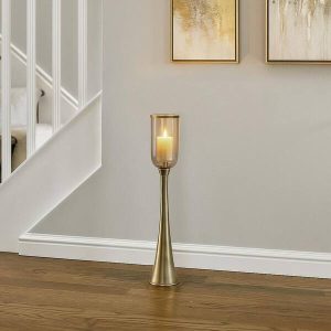 34 in. Gold Metal and Glass Striking Tall Hurricane Candle Holder