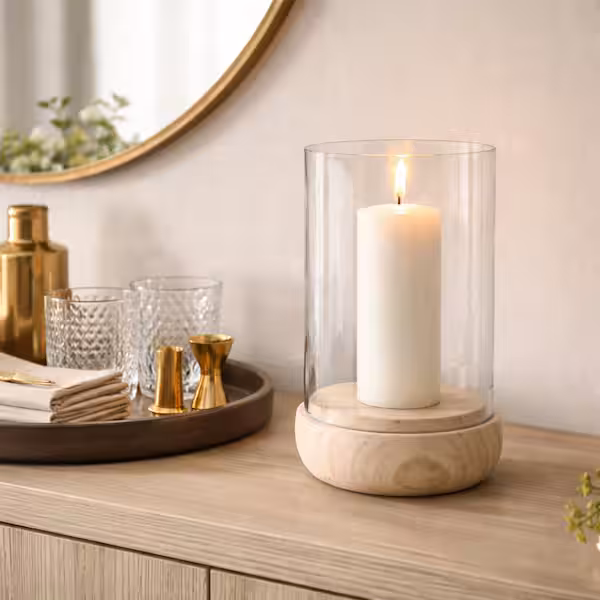 9.75 in. Ivory/Beige Glass Small Cylinder Hurricane Candle Holder with Marble Base